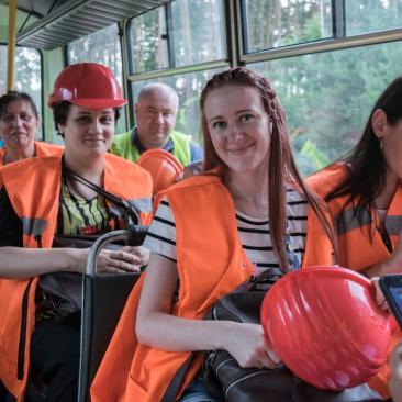 Ukrainian forest workers on bus